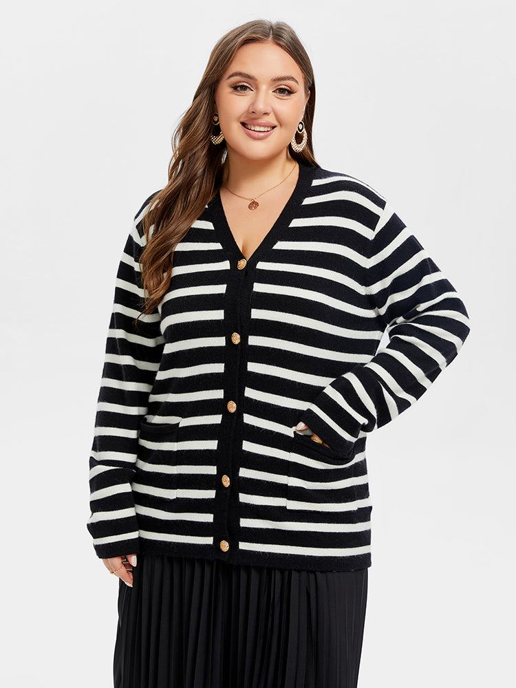 VIP Striped Pattern Double Pocket Button Front Tunic Cardigan
