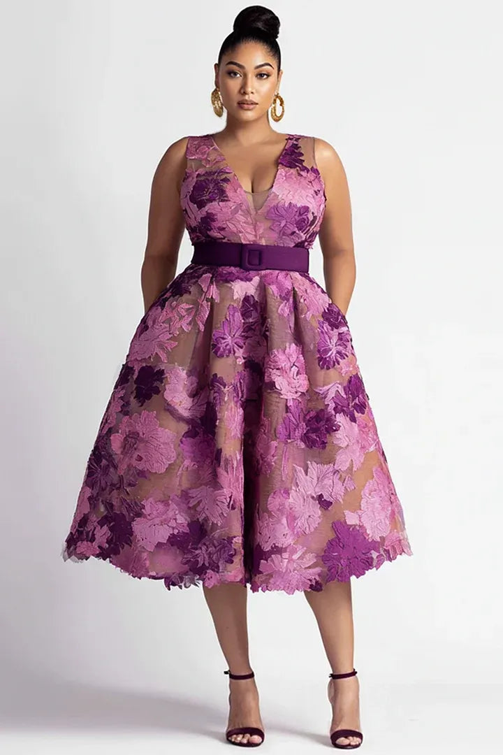 Xpluswear Design Plus Size Cocktail Party Purple Floral V Neck Pocket Midi Dresses