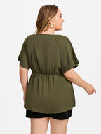 VIP Plus V-Neck Flutter Sleeve Elastic Waist Tie Front Blouse