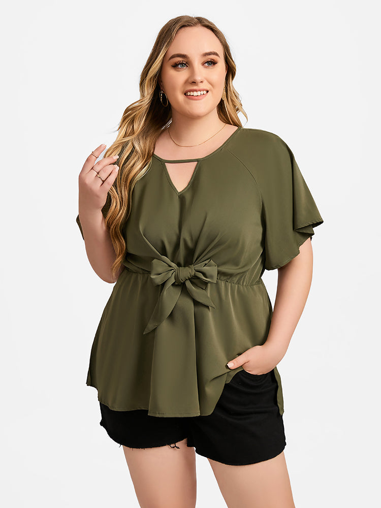 VIP Plus V-Neck Flutter Sleeve Elastic Waist Tie Front Blouse