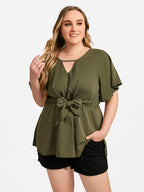 VIP Plus V-Neck Flutter Sleeve Elastic Waist Tie Front Blouse