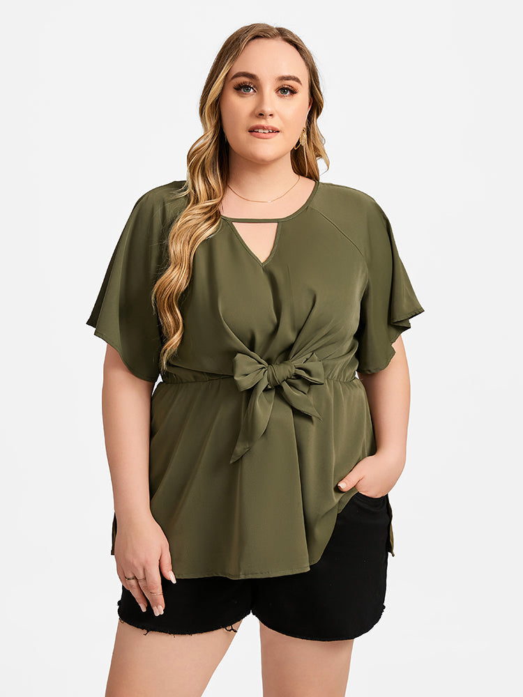 VIP Plus V-Neck Flutter Sleeve Elastic Waist Tie Front Blouse