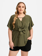 VIP Plus V-Neck Flutter Sleeve Elastic Waist Tie Front Blouse