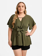 VIP Plus V-Neck Flutter Sleeve Elastic Waist Tie Front Blouse
