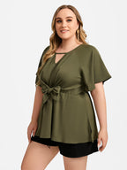 VIP Plus V-Neck Flutter Sleeve Elastic Waist Tie Front Blouse