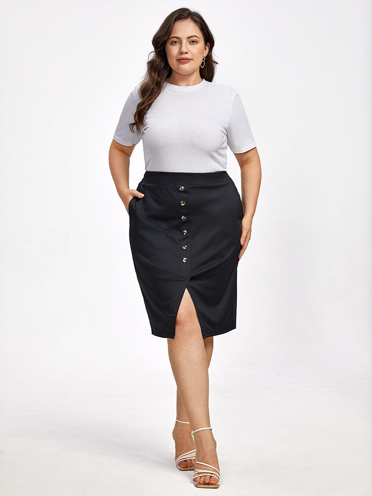 Plus Black Button Front Slit Pocket Elastic Waist Skirt