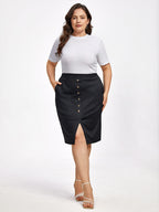 Plus Black Button Front Slit Pocket Elastic Waist Skirt