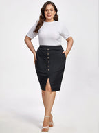 Plus Black Button Front Slit Pocket Elastic Waist Skirt