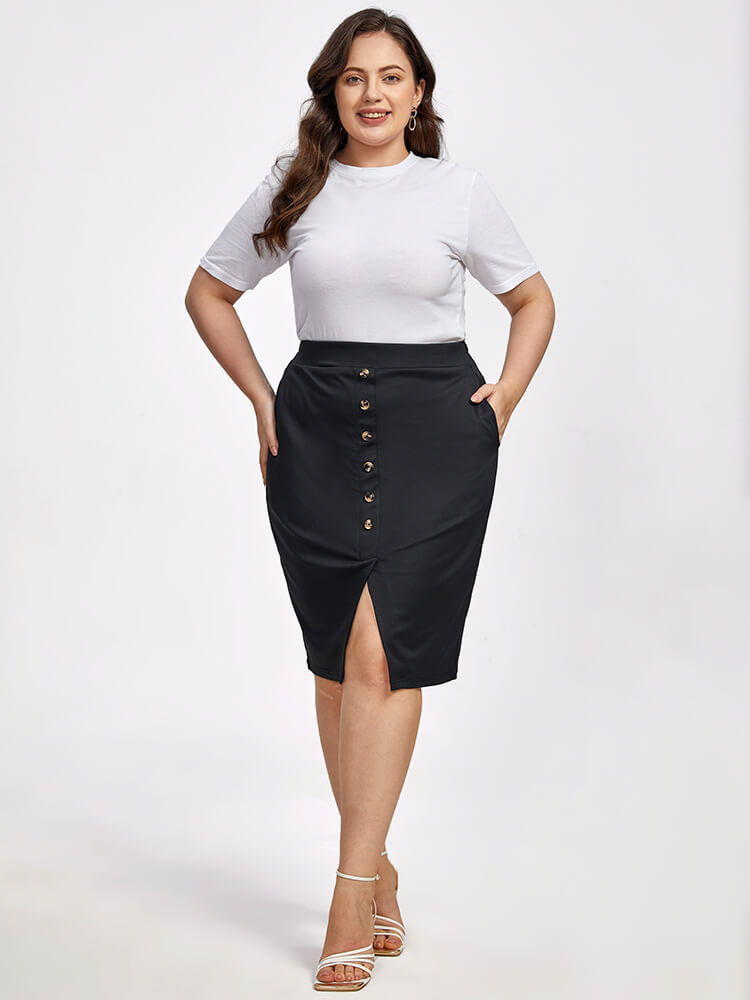 Plus Black Button Front Slit Pocket Elastic Waist Skirt