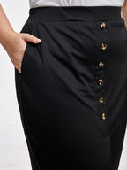 Plus Black Button Front Slit Pocket Elastic Waist Skirt