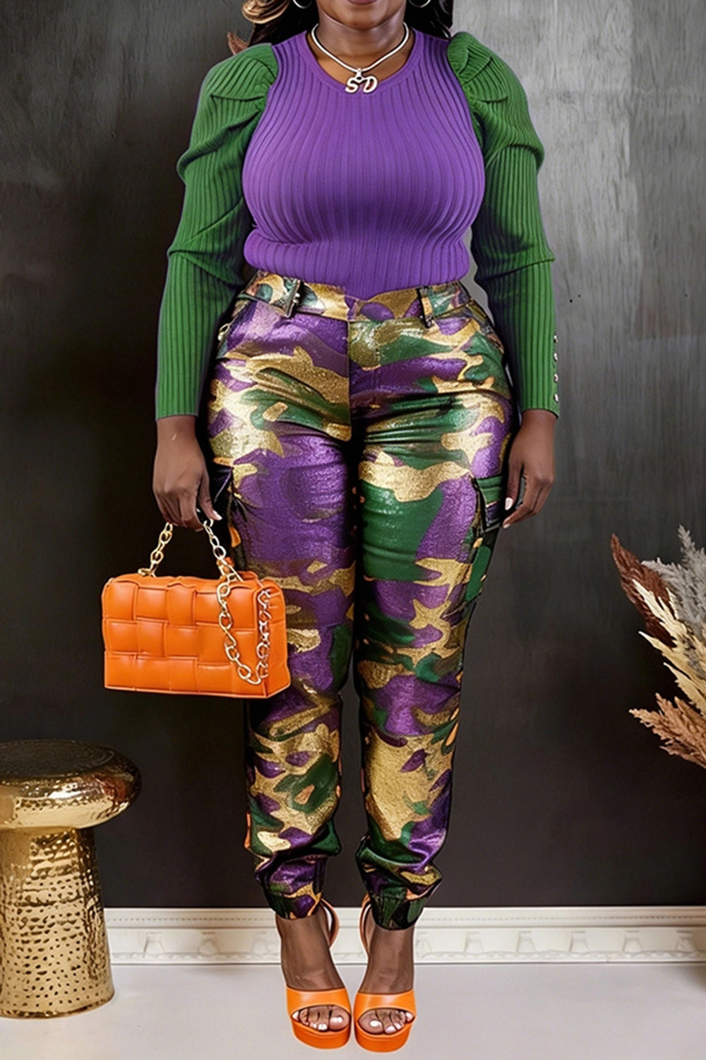 Plus Size Mardi Gras Multicolor Camo Cargo Jogging Metallic Pants
