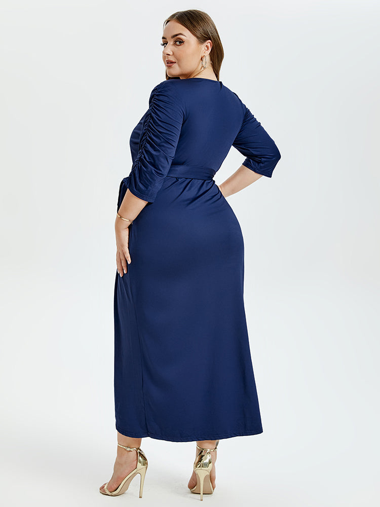V-Neck Ruffle Tulip Hem Belted Party Maxi Dress