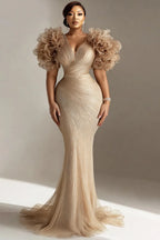 Xpluswear Design Plus Size Mother Of The Bride Champagne V Neck Bodycon 3D Tulle Maxi Dresses