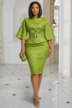 Xpluswear Design Plus Size Business Casual Green Round Neck Flare 3/4 Sleeve Bodycon Two Piece Skirt Sets