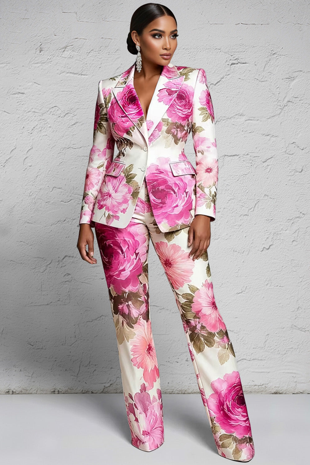Xpluswear Design Plus Size Formal Pink Floral Lapel Collar Long Sleeve Pocket Two Piece Pant Suits