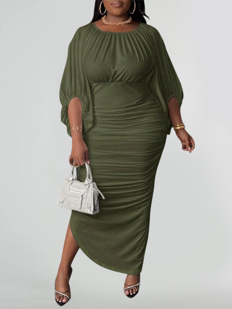 Round Neck Raglan Sleeve Ruched Asymmetrical Dress