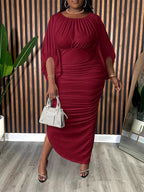 Round Neck Raglan Sleeve Ruched Asymmetrical Dress