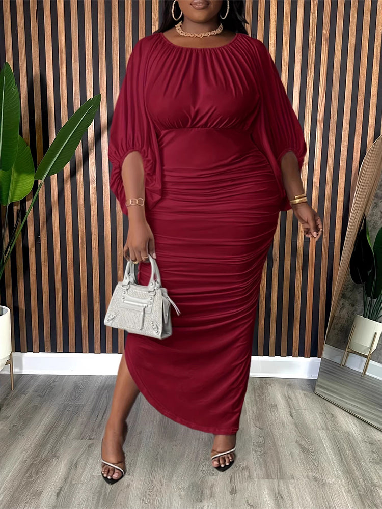 Round Neck Raglan Sleeve Ruched Asymmetrical Dress