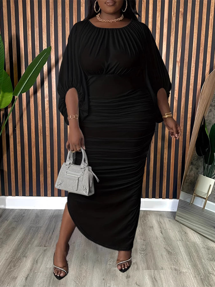 Round Neck Raglan Sleeve Ruched Asymmetrical Dress