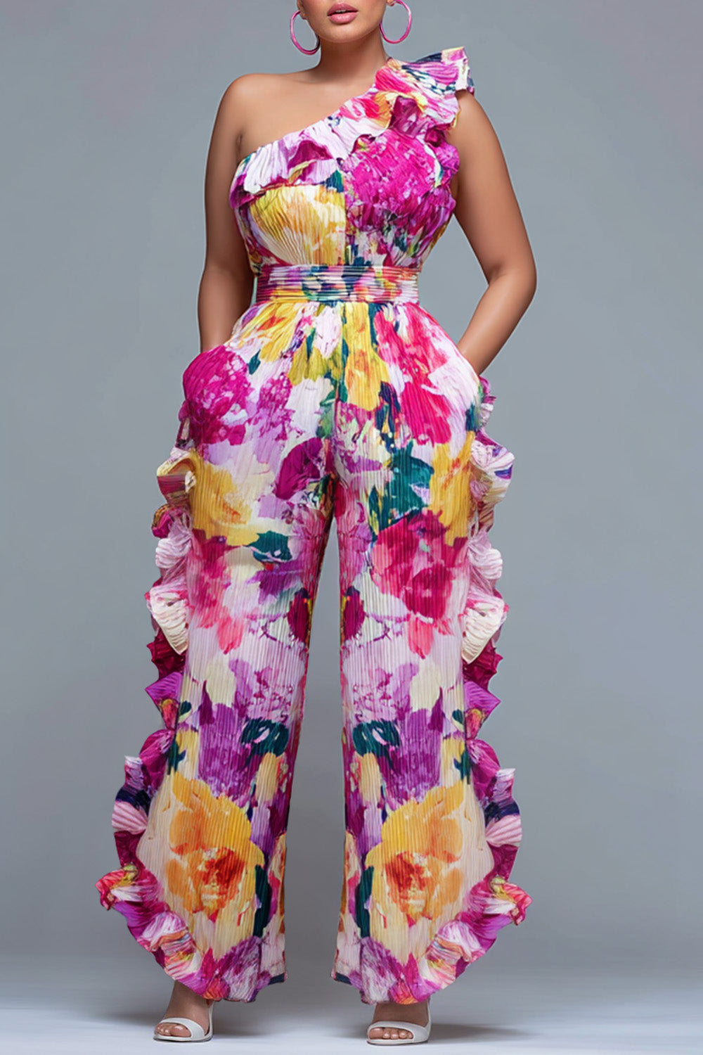 Xpluswear Design Plus Size Vacation Pink Floral One Shoulder Ruffle Pocket Jumpsuits