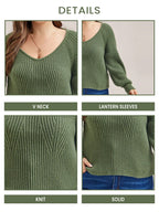 VIP Solid V-Neck Lantern Sleeves Knit Sweater