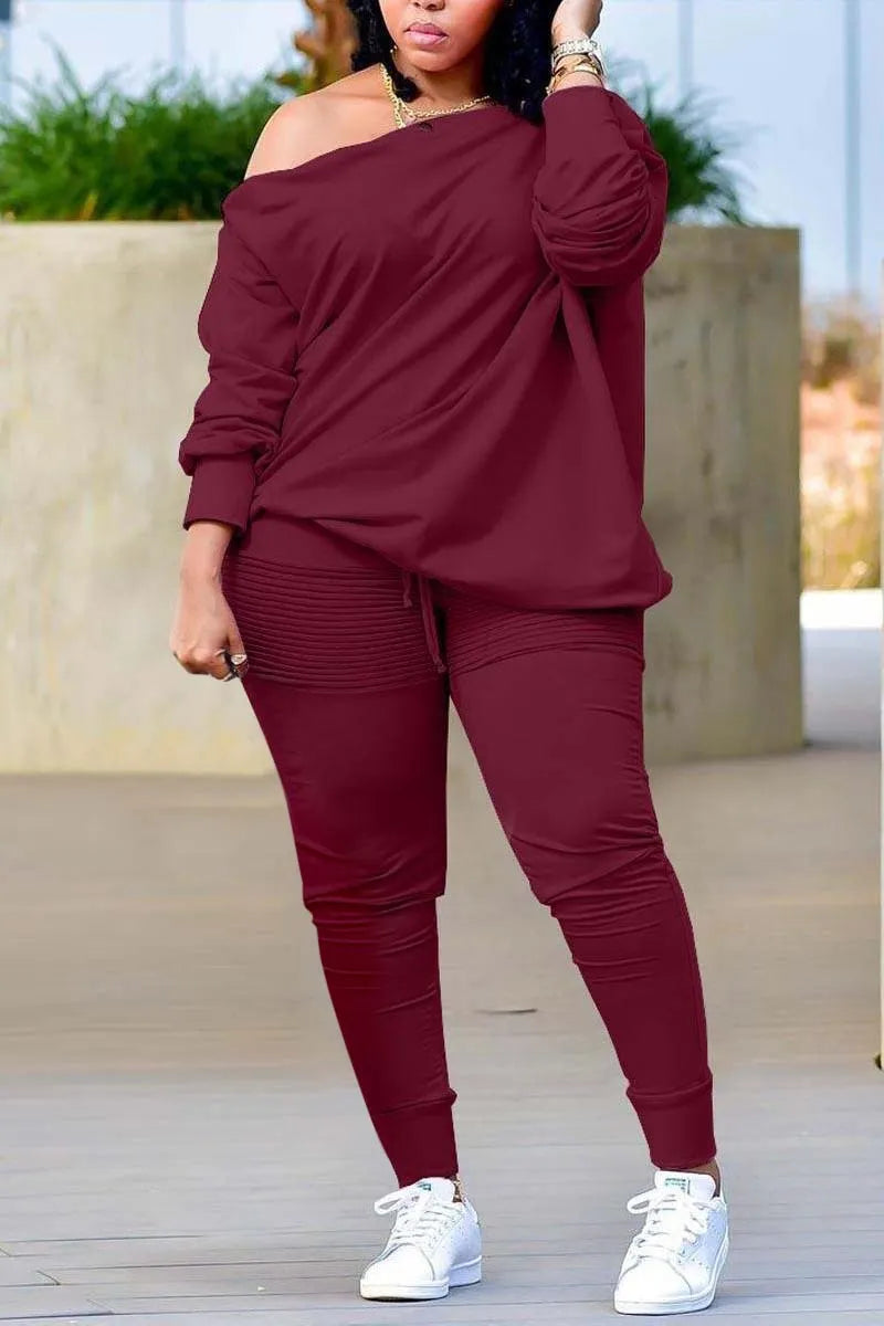 Xpluswear Plus Size Casual Burgundy Long Sleeves Oblique Collar Two Pieces Set