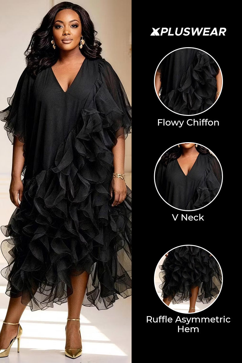 Xpluswear Design Plus Size Cocktail Party Black V Neck Short Sleeve Ruffle Tiered Chiffon Midi Dresses