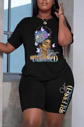 Plus Size Black African Casual Letter Pattern Print Short Sleeve Short Set