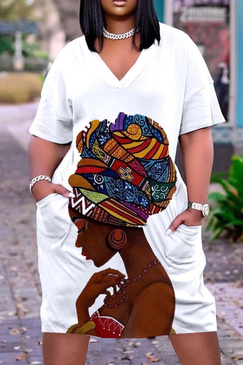 Xpluswear Plus Size V Neck African Short Sleeve Cute Black Girl Print With Pockets Midi Dress-Red