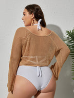Plus Beige Tie Front Crochet Cover Up