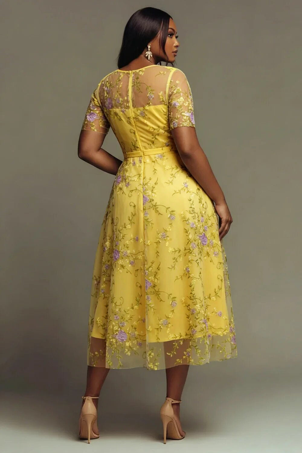 Xpluswear Design Plus Size Cocktail Party Yellow Floral Round Neck Short Sleeve Embroidery See Through Midi Dresses