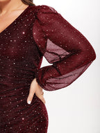 VIP Contrast Mesh Lantern Sleeve Wrap Sequin Midi Dress