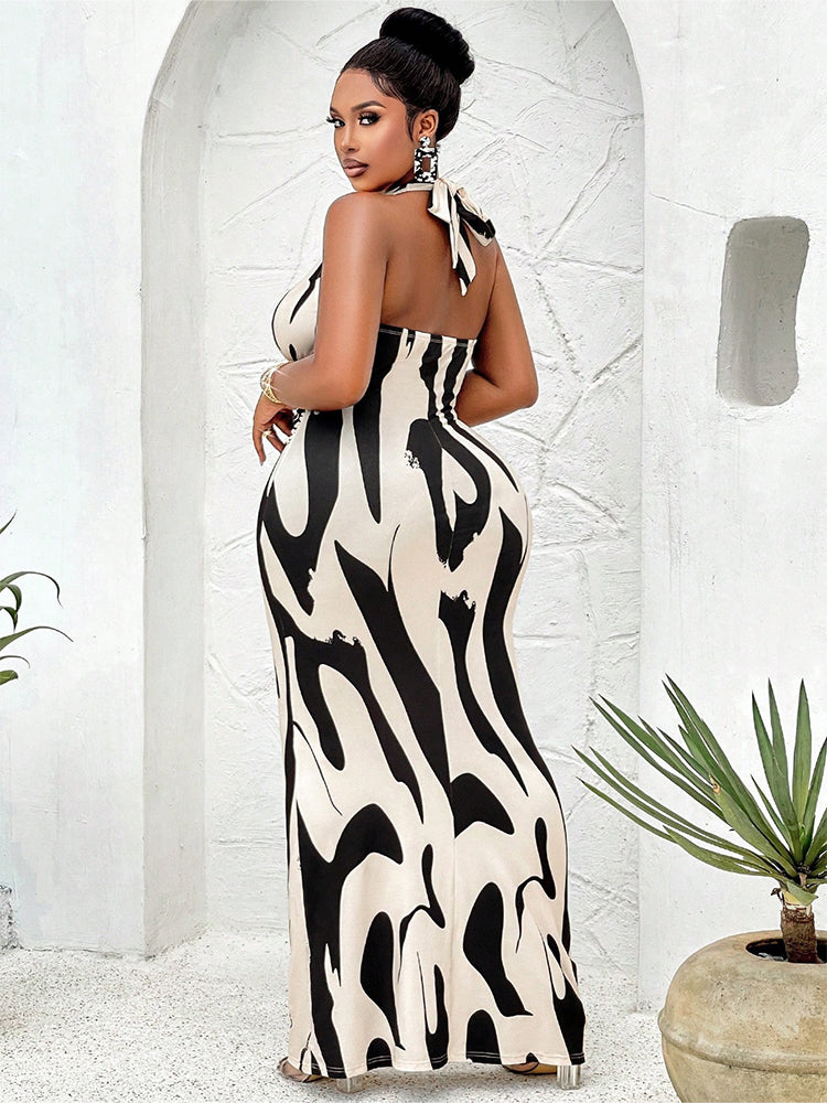 Abstract Print Halter Neck Tie Back Mermaid Hem Dress