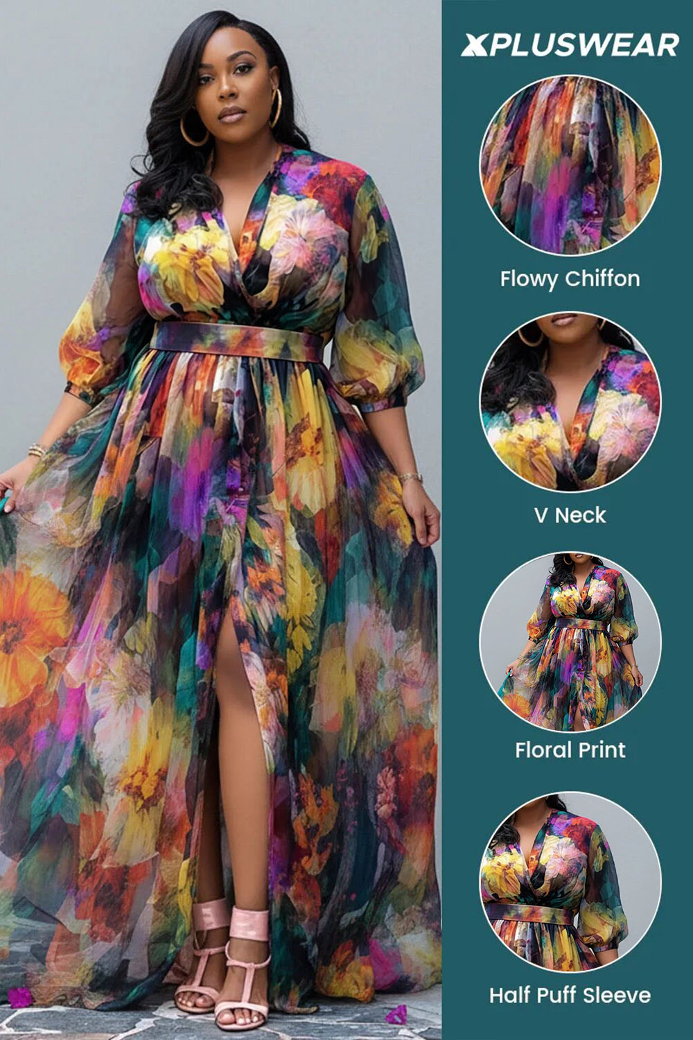 Xpluswear Design Plus Size Vacation Multicolor Floral V Neck Puff Sleeve Half Sleeve Split Chiffon Maxi Dresses