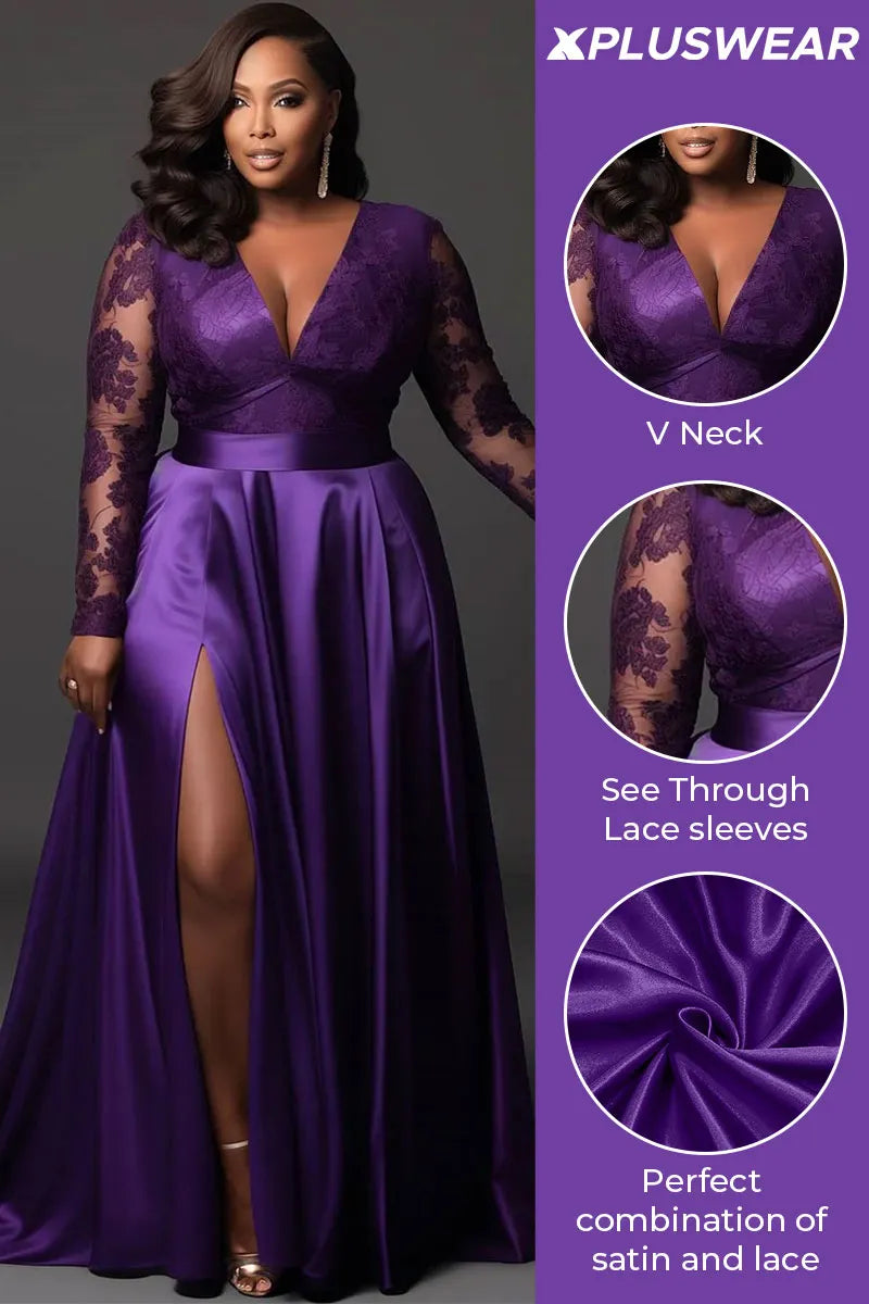 Xpluswear Design Plus Size Formal Purple V Neck Long Sleeve Split See Through Lace Satin Maxi Dresses