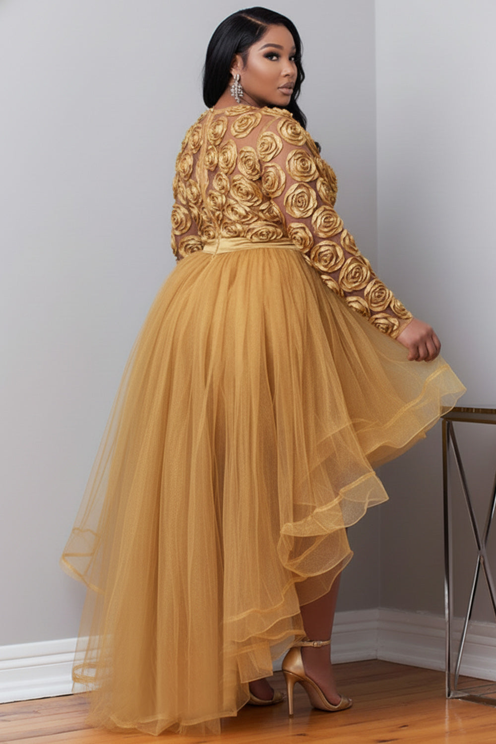 Xpluswear Design Plus Size Party Gold Round Neck Long Sleeve 3D Elegant High Low Hem Tulle Mini Dresses
