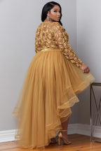 Xpluswear Design Plus Size Party Gold Round Neck Long Sleeve 3D Elegant High Low Hem Tulle Mini Dresses