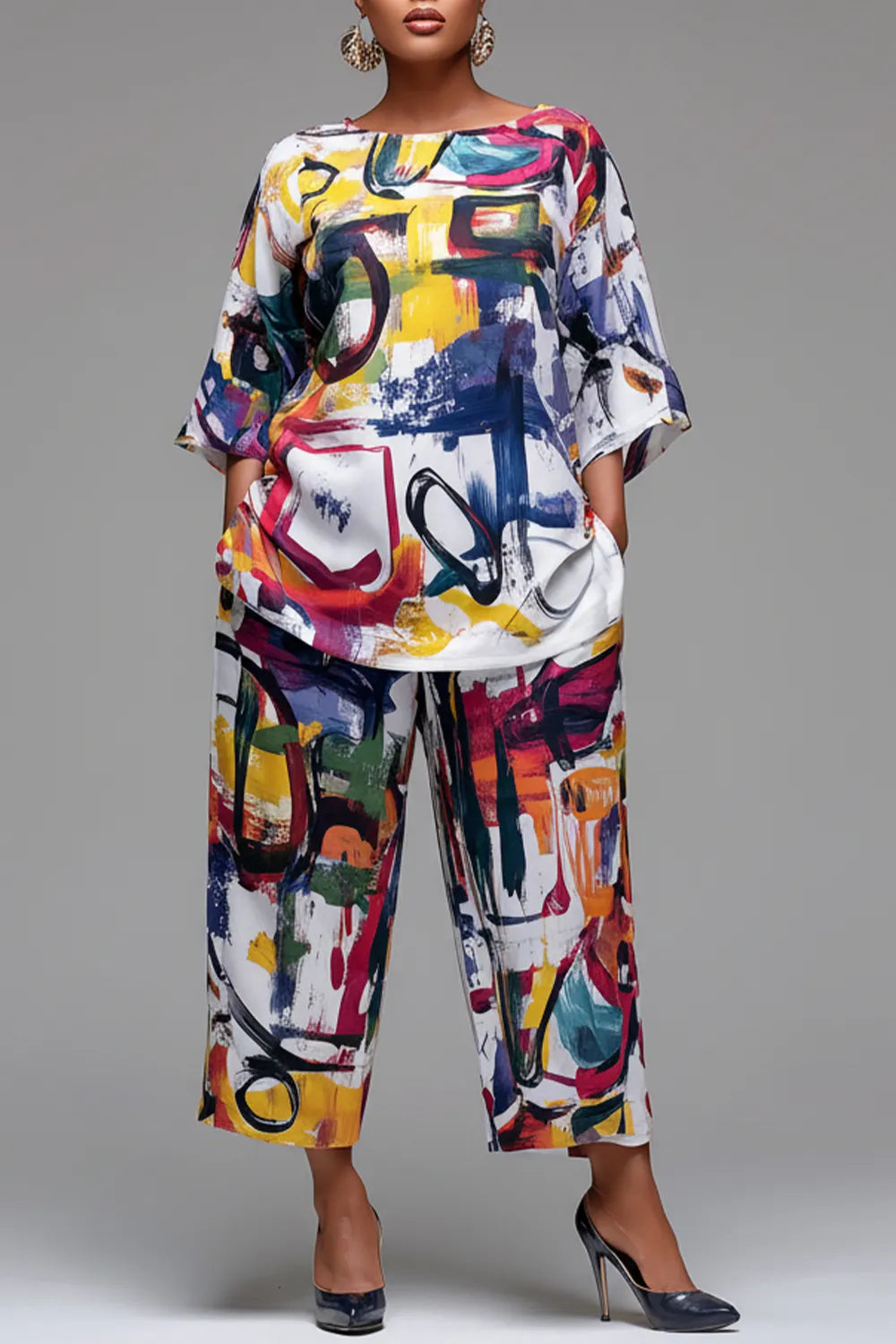 Xpluswear Design Plus Size Vacation Multicolor All Over Print Round Neck Flare 3/4 Sleeve Pocket Two Piece Pant Sets