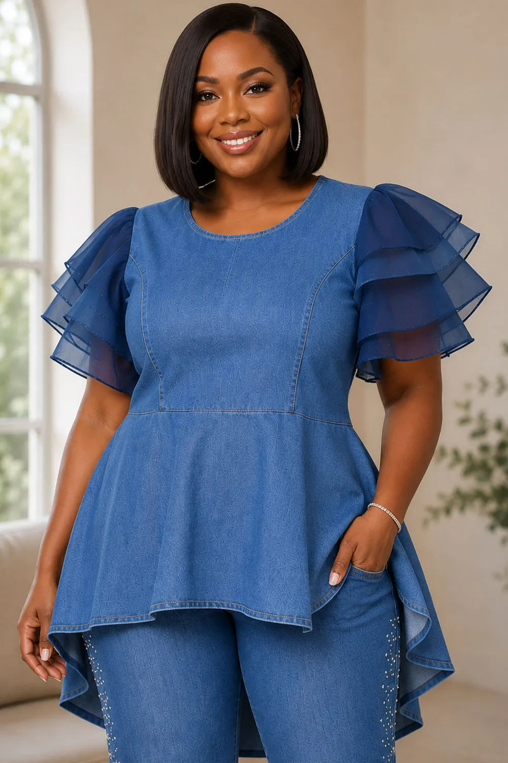 Xpluswear Design Plus Size Business Casual Tulle Blue Round Neck Short Sleeve Ruffle Asymmetric Hem Irregular Hem Tencel Denim Blouses [Pre-Order]