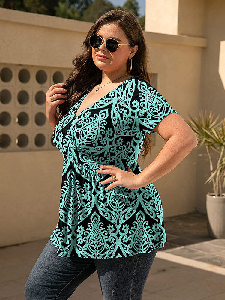 Plus Floral Crisscross V-Neck Ruched Ruffle Tee