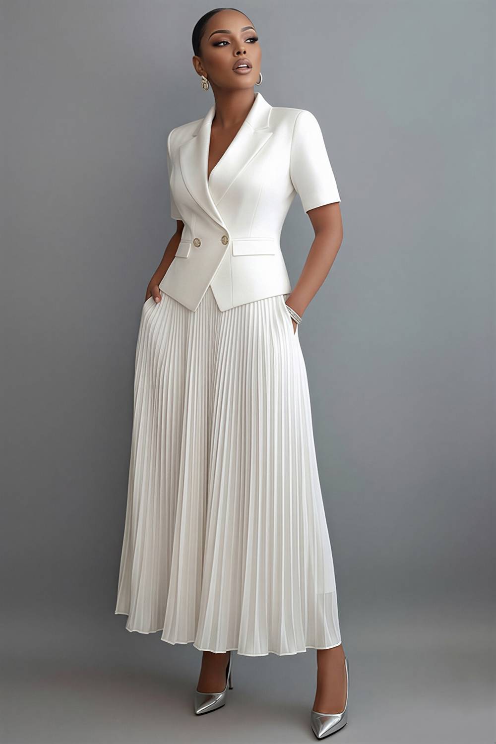 Xpluswear Design Plus Size Formal Chiffon White Turndown Collar Short Sleeve Pleated Pocket Satin Two Piece Skirt Sets