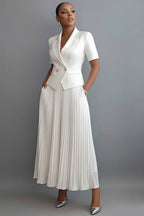 Xpluswear Design Plus Size Formal Chiffon White Turndown Collar Short Sleeve Pleated Pocket Satin Two Piece Skirt Sets