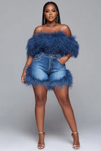 Xpluswear Design Plus Size Party Blue Denim Feather Pocket Shorts
