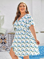 Plus Blue Tropical Print Crisscross Ruffle Sleeve Dress