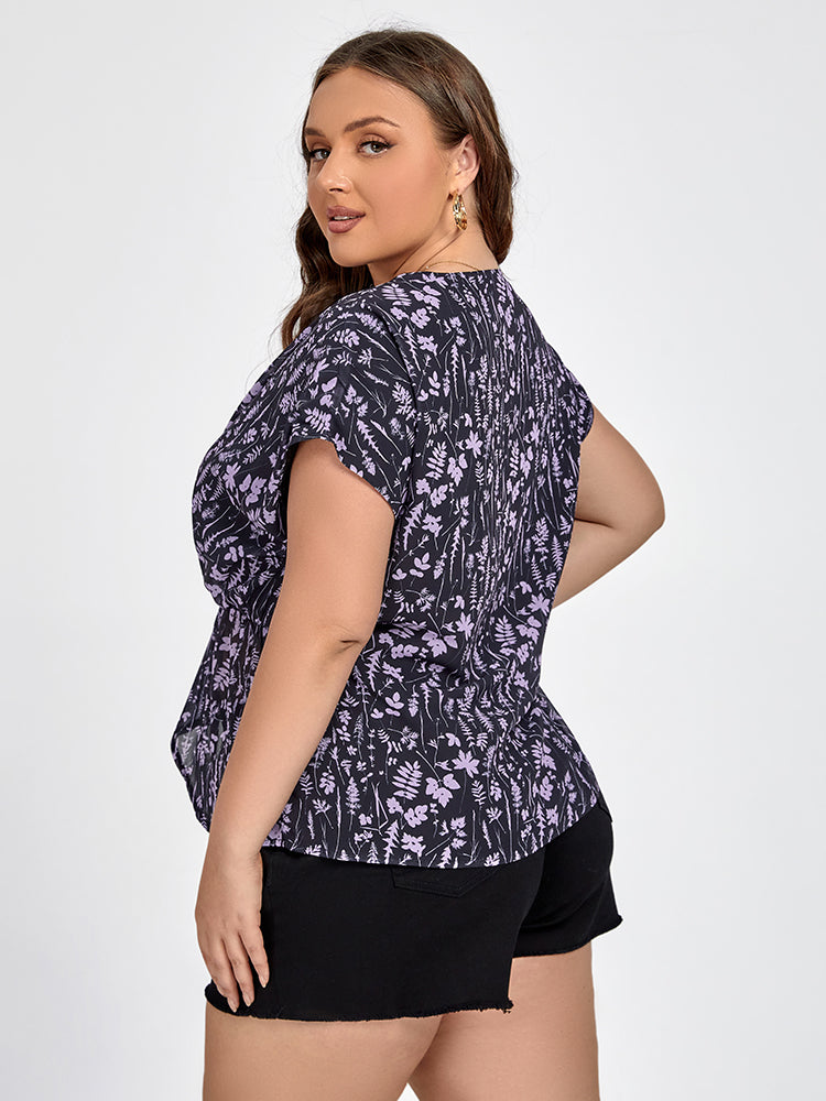 Plus Black Floral Elastic Waist Dolman Sleeve Blouse