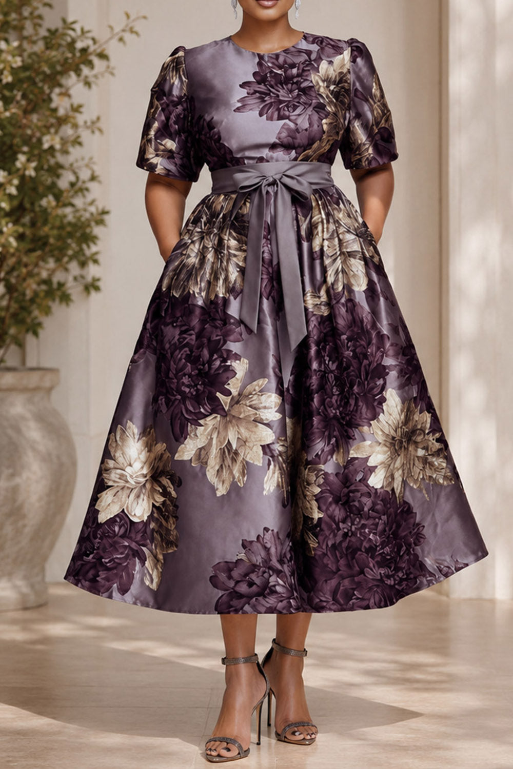Xpluswear Design Plus Size Wedding Guest Purple Floral Round Neck Short Sleeve Pocket Satin Midi Dresses [Pre-Order]