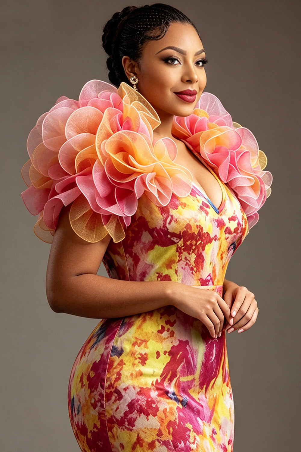 Xpluswear Design Plus Size Formal Multicolor Gradient V Neck Flutter Sleeve Mermaid Ruffle Tulle Maxi Dresses