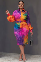Xpluswear Design Plus Size Daily Multicolor Tie Dye Shirt Collar Lantern Sleeve Long Sleeve Bodycon Wrap Midi Dresses
