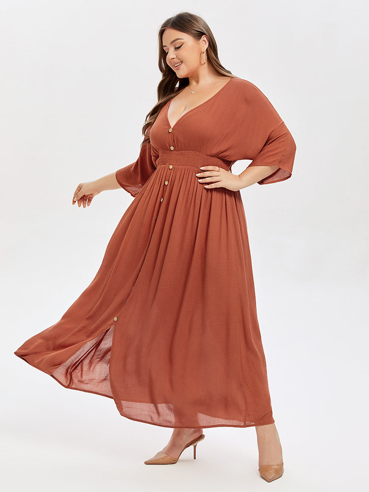 VIP V-Neck Button Front Elastic Waist Split Maxi Dress