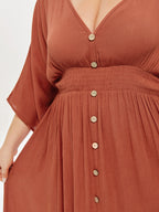 VIP V-Neck Button Front Elastic Waist Split Maxi Dress